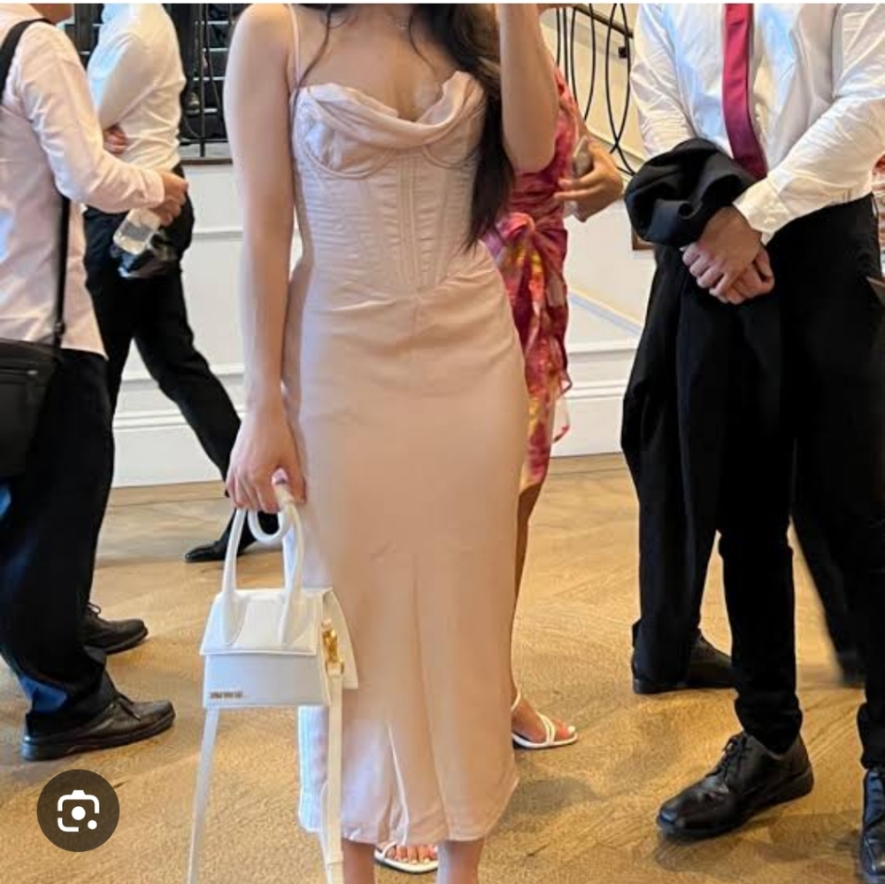 Elegant Blush Slip Midi Dress with Corset Bodice